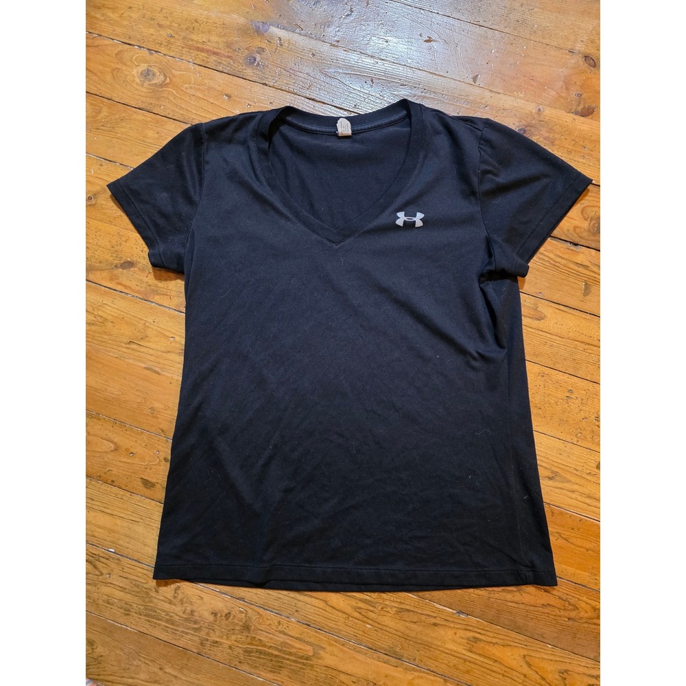Under Armour HeatGear Womens V-Neck Short Sleeve Shirt Black Loose Fit Small